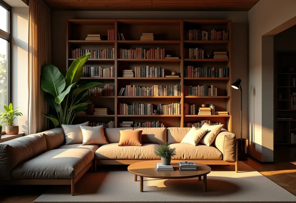 Estante aconchegante com livros de peças de teatro brasileiras.