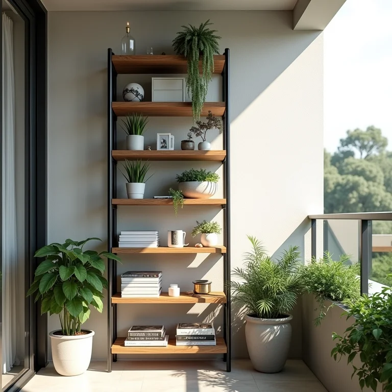 Estante vertical com plantas e objetos decorativos em varanda.