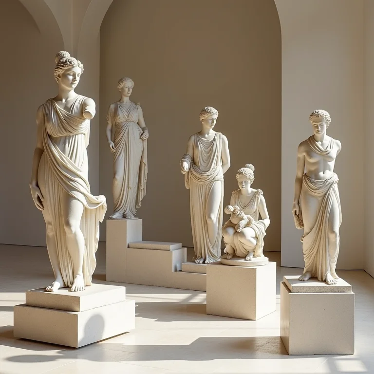 Estátuas gregas antigas representando a influência clássica na poesia de Reis