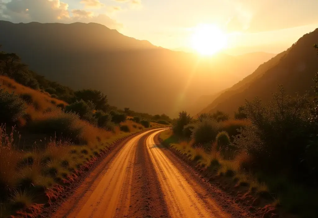 Estrada de terra sinuosa em Minas Gerais ao pôr do sol