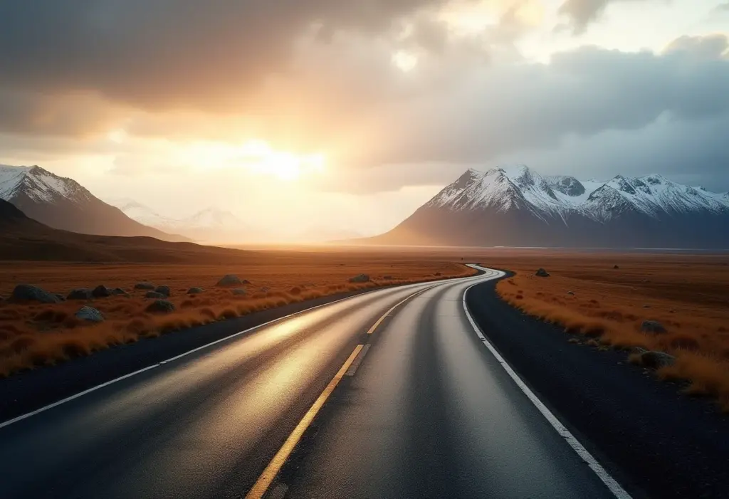 Estrada sinuosa na Islândia ao pôr do sol