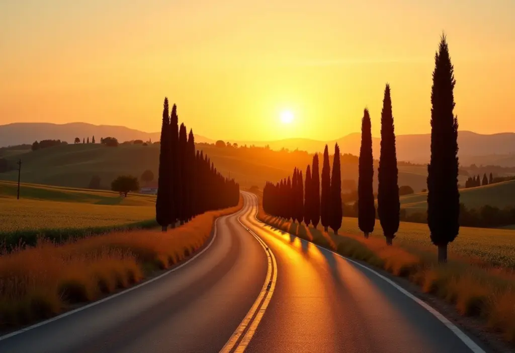 Estrada sinuosa na Toscana ao pôr do sol
