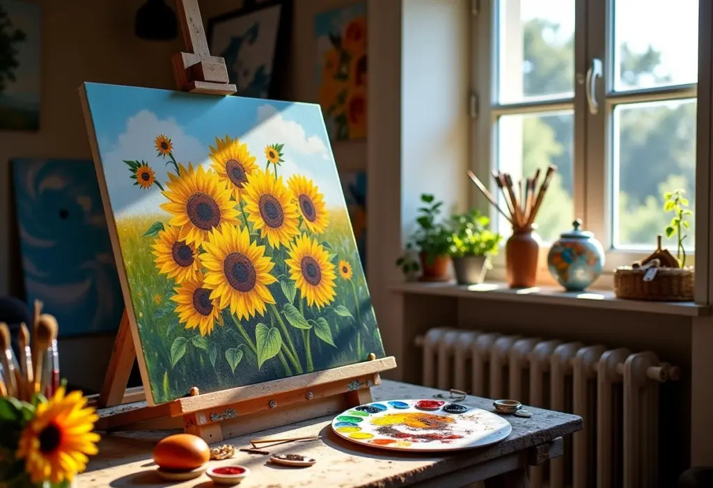 Estúdio de Van Gogh em Arles com girassóis inacabados