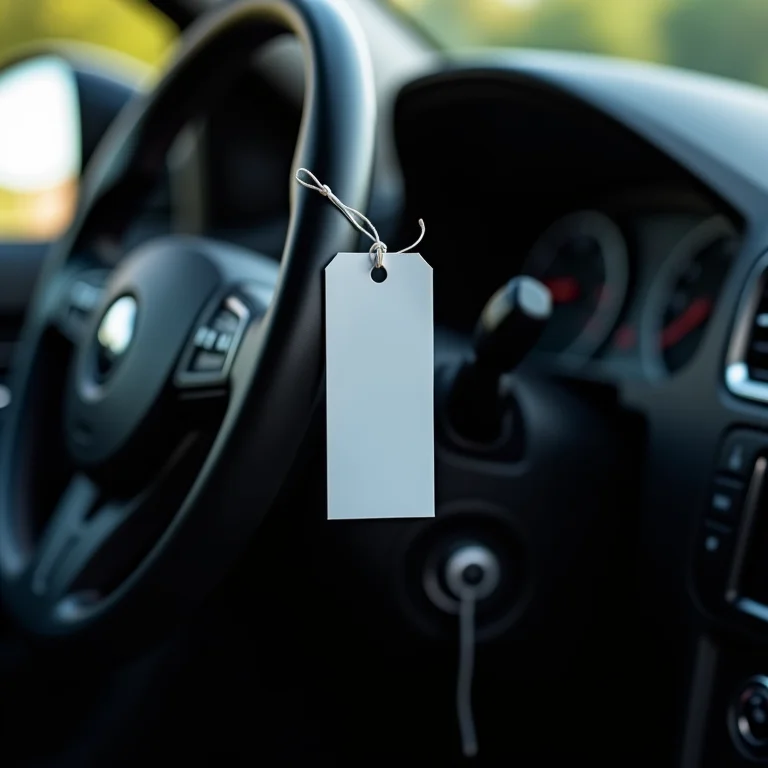 Etiqueta de preço no volante de um carro