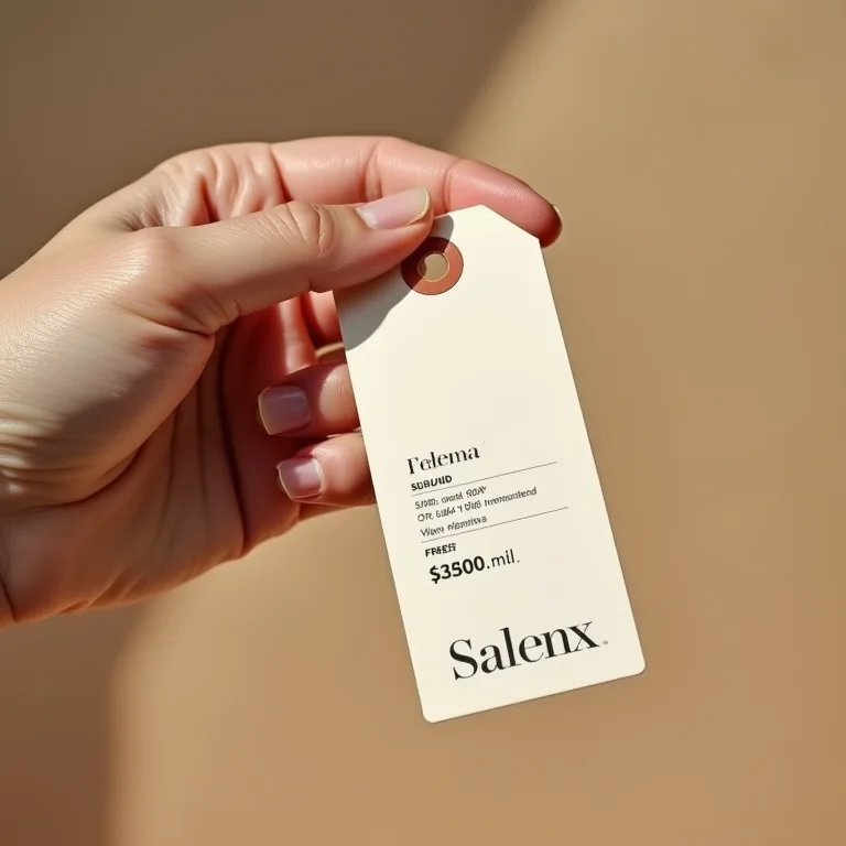 Etiqueta de roupa usada com descrição detalhada e preço.