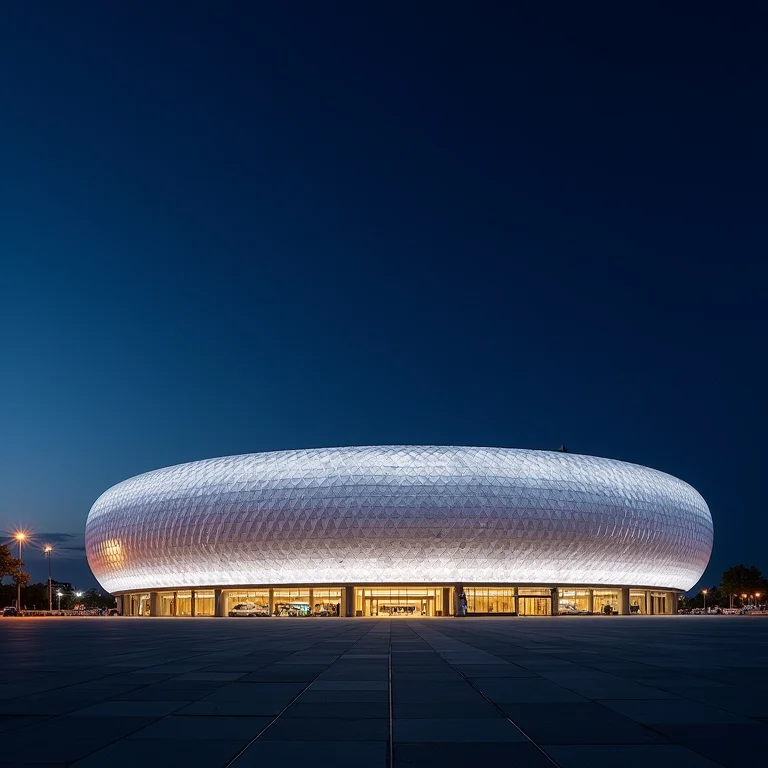 Fachada da Arena Corinthians iluminada à noite.