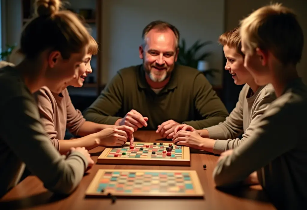 Família se divertindo jogando jogos de tabuleiro à noite