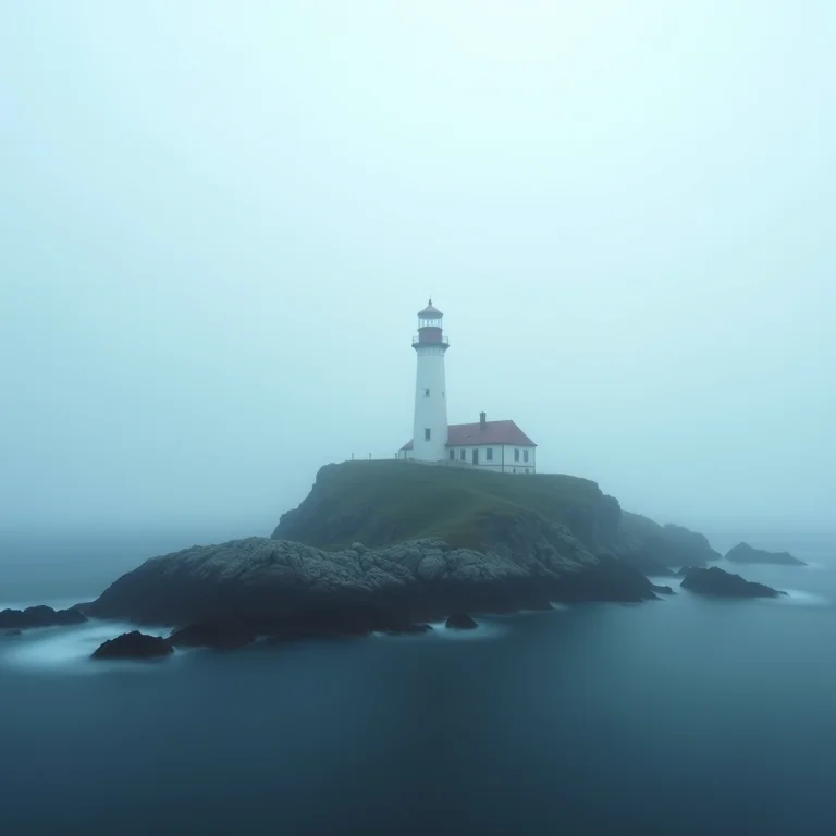Farol isolado em uma ilha rochosa com neblina, representando o filme A Ilha do Medo.
