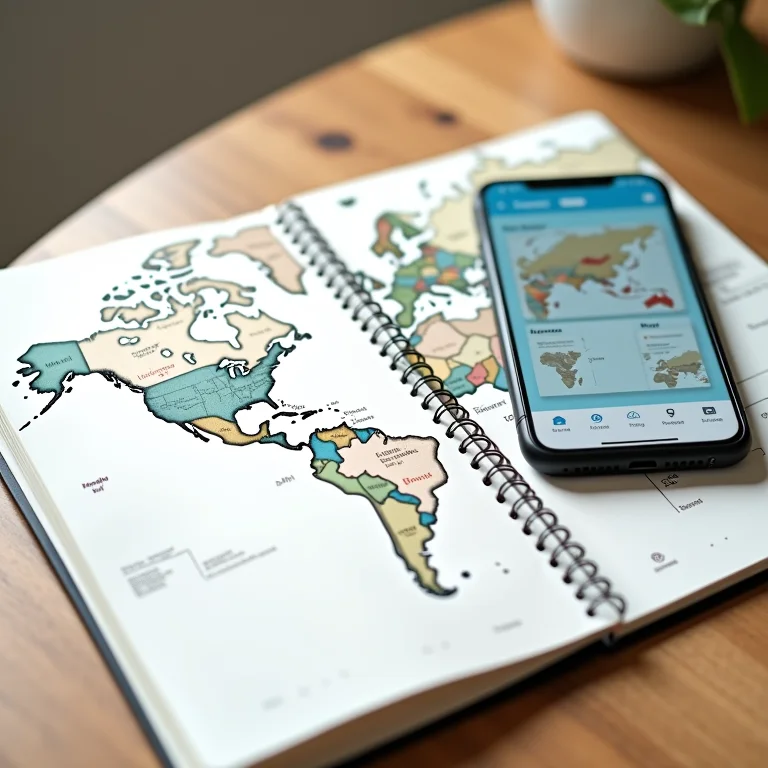 Ferramentas de aprendizado de idiomas como app, caderno e mapa mundi