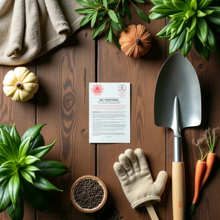 Ferramentas de jardinagem dispostas em uma mesa de madeira.
