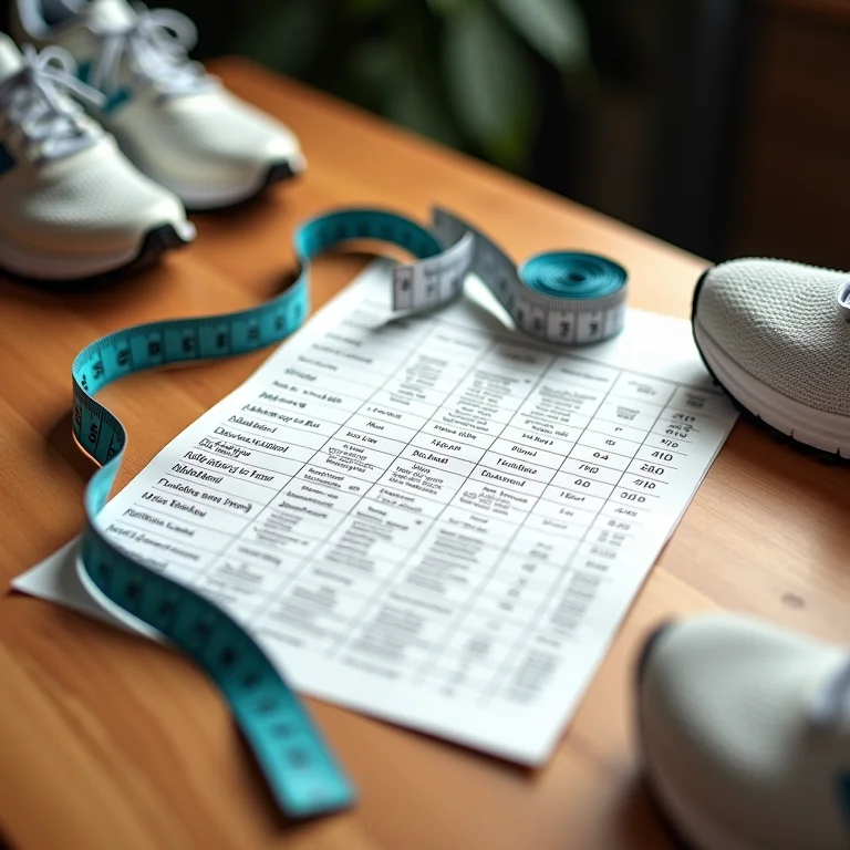 Fita métrica e tabela de tamanhos de calçados em mesa de madeira