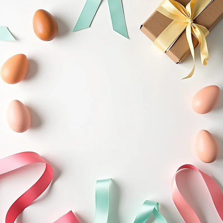 Fitas coloridas, papel decorativo e etiquetas para embalar ovos de Páscoa caseiros