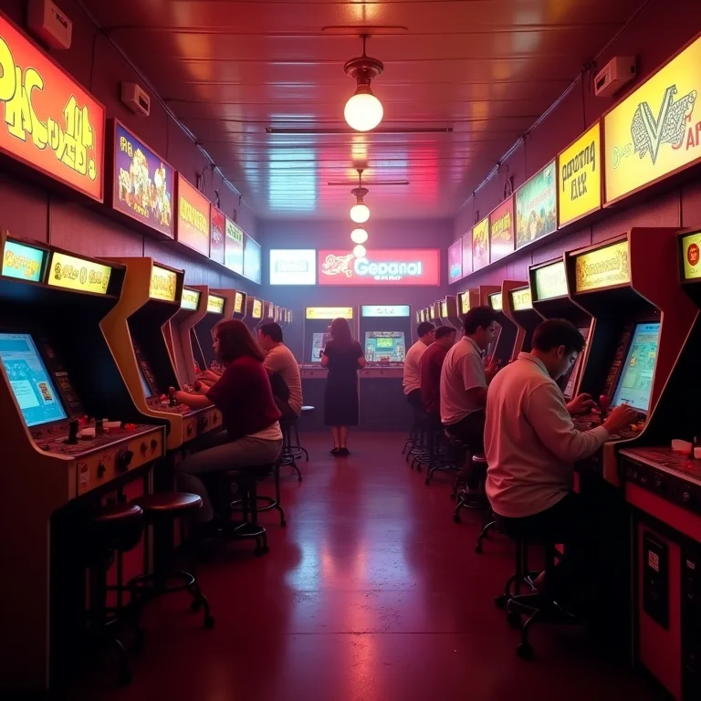 Fliperama dos anos 80 com máquinas clássicas.