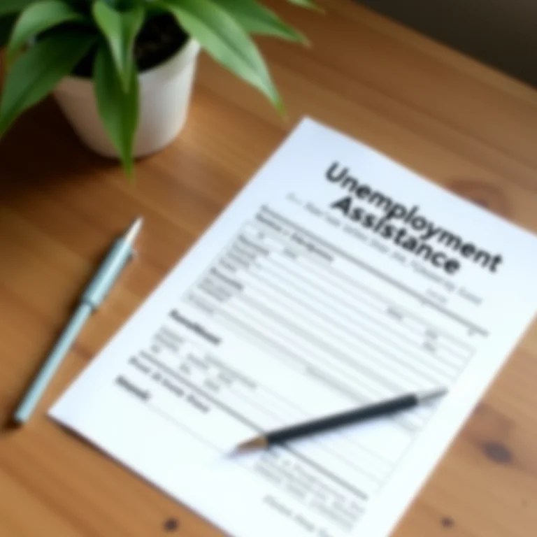 Formulário de seguro-desemprego e caneta em uma mesa.