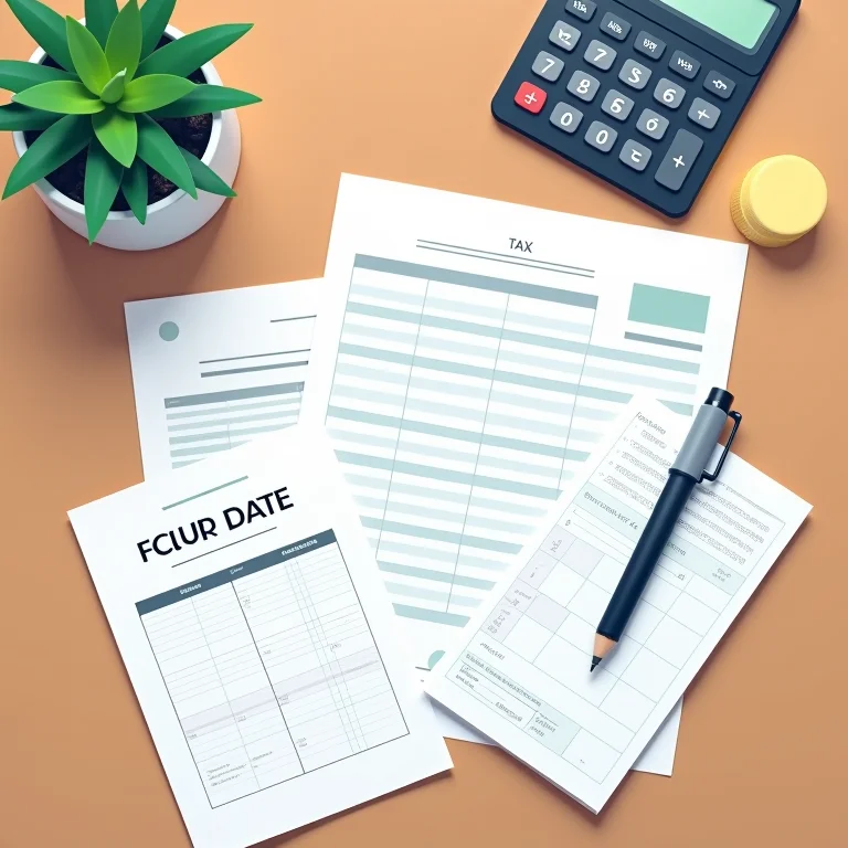 Formulários de impostos, calculadora e livro razão.