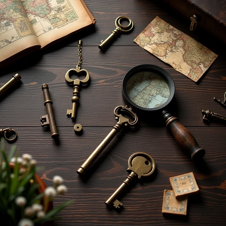 Fotografia still life de chaves antigas, lupa e fragmentos de mapas antigos.