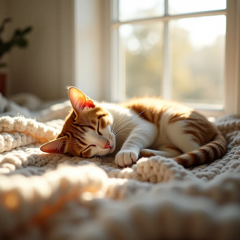 Gato dormindo em manta tricotada.