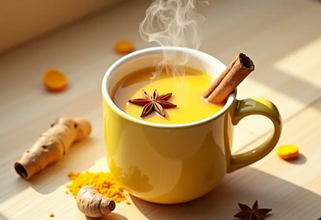 Golden Milk sem Erro: Receita Cremosa e Seus Segredos Golden Milk cremoso com especiarias em luz natural