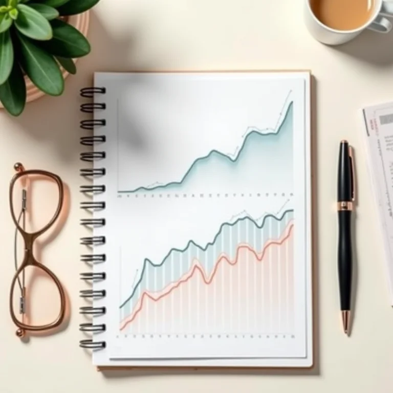 Gráficos financeiros, caderno e caneta em composição flat lay.