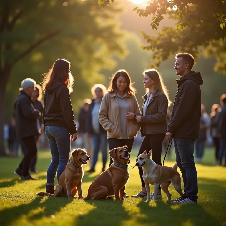 Grupo de pessoas interagindo em parque com cachorros.