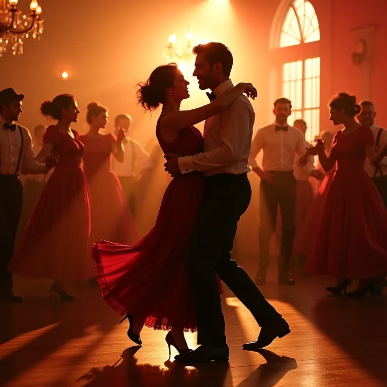 Grupo diverso de pessoas dançando maxixe em um salão de baile.