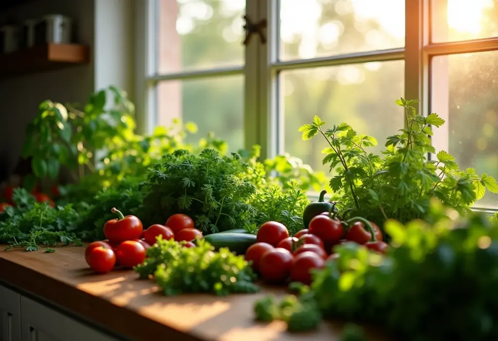 Horta caseira exuberante com diversas ervas e vegetais.