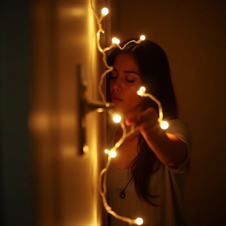 Iluminação aconchegante na porta do apartamento.