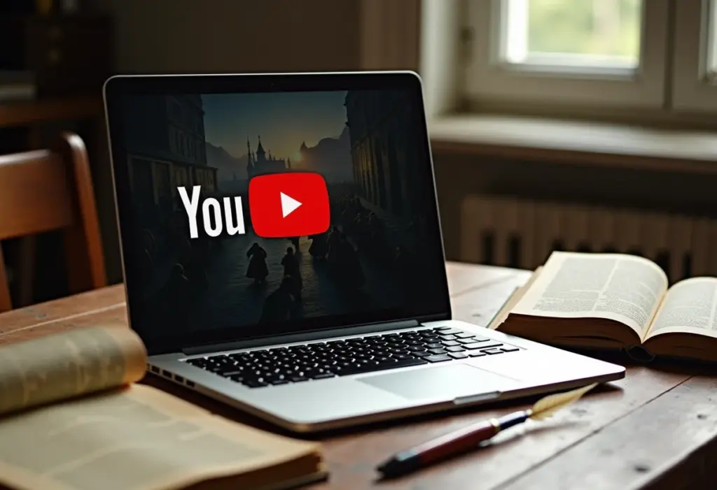 Imagem conceitual de um laptop exibindo conteúdo histórico no YouTube, cercado por livros antigos e objetos de época.