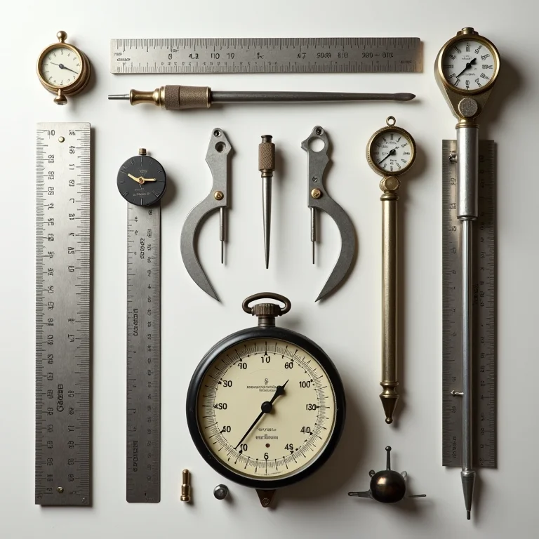 Instrumentos de medição de precisão dispostos artisticamente.