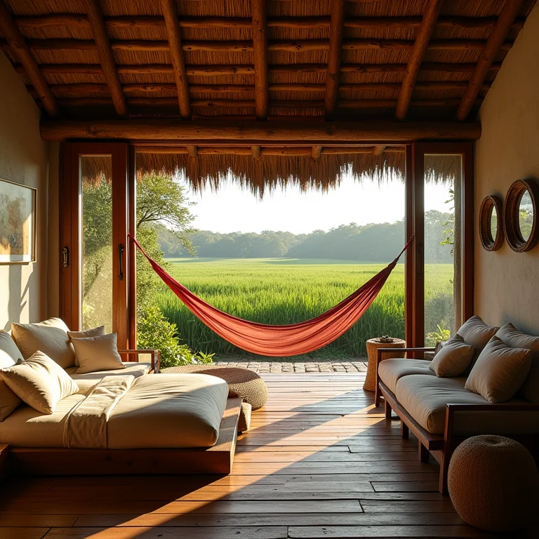 Interior de uma eco-lodge aconchegante no Pantanal Norte