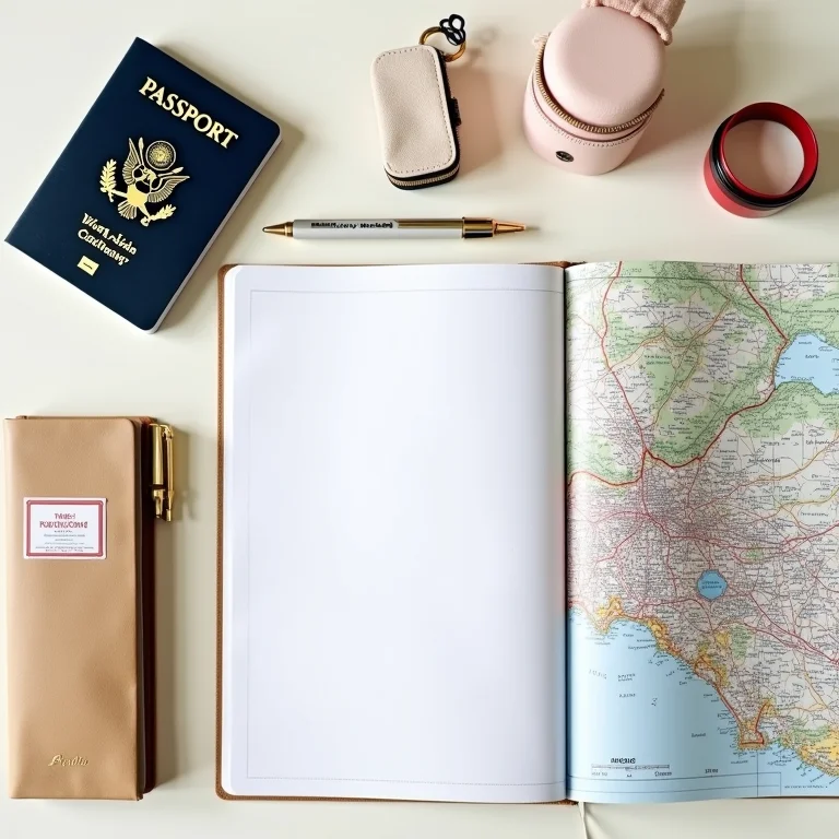 Itens essenciais para planejar uma viagem segura dispostos em uma mesa