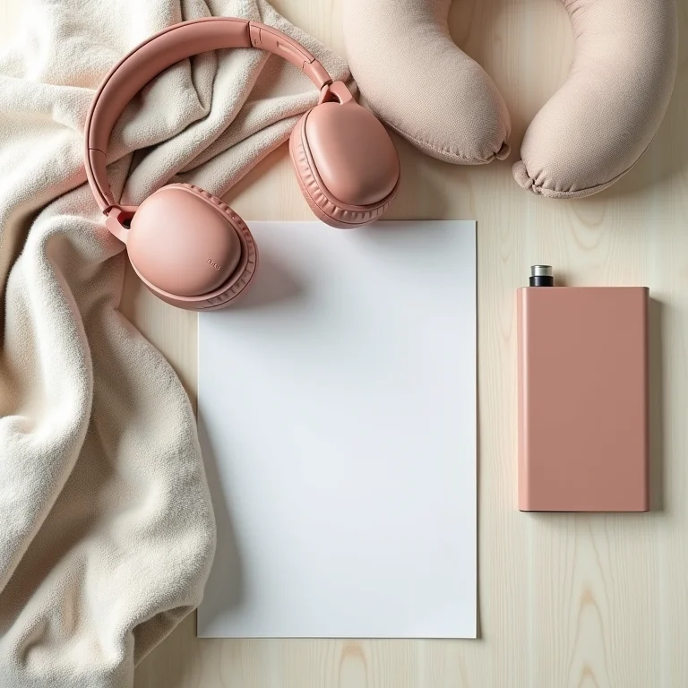 Itens essenciais para uma viagem de ônibus confortável dispostos em flat lay