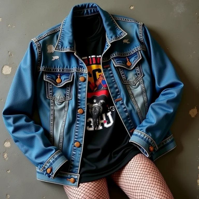 Jaqueta jeans destroyed, camiseta de banda vintage e meia arrastão rasgada