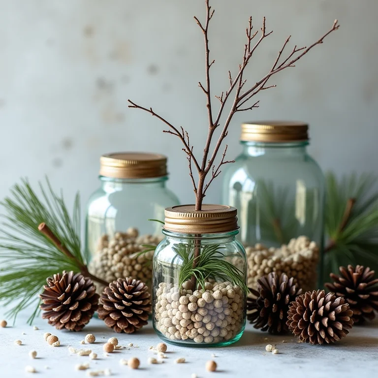 Jarras de vidro reutilizadas e elementos naturais transformados em decoração natalina.