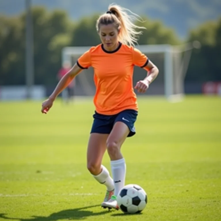 Jogadora de futebol branca com sardas driblando com confiança em campo