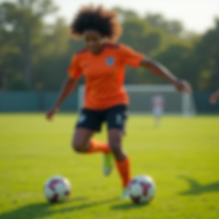 Jogadora de futebol negra driblando com confiança em campo