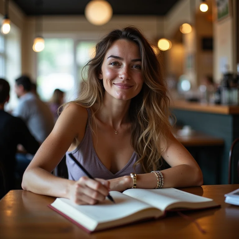 Jovem ruiva escrevendo em um caderno em um café movimentado.