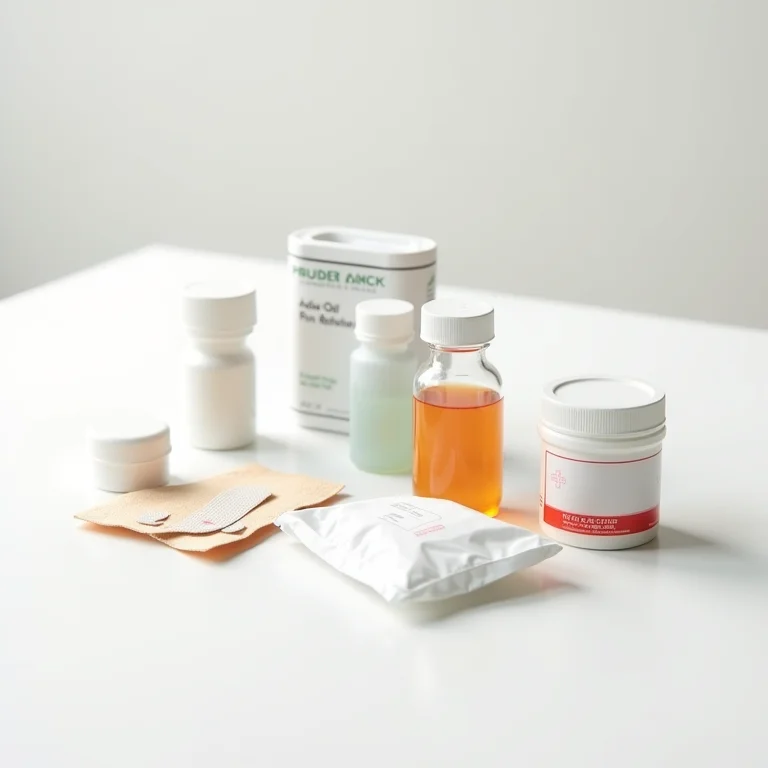 Kit de primeiros socorros compacto com medicamentos e curativos essenciais.