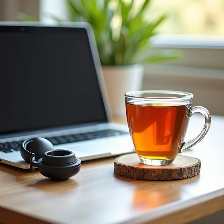 Laptop com app de meditação, fones de ouvido e chá de ervas