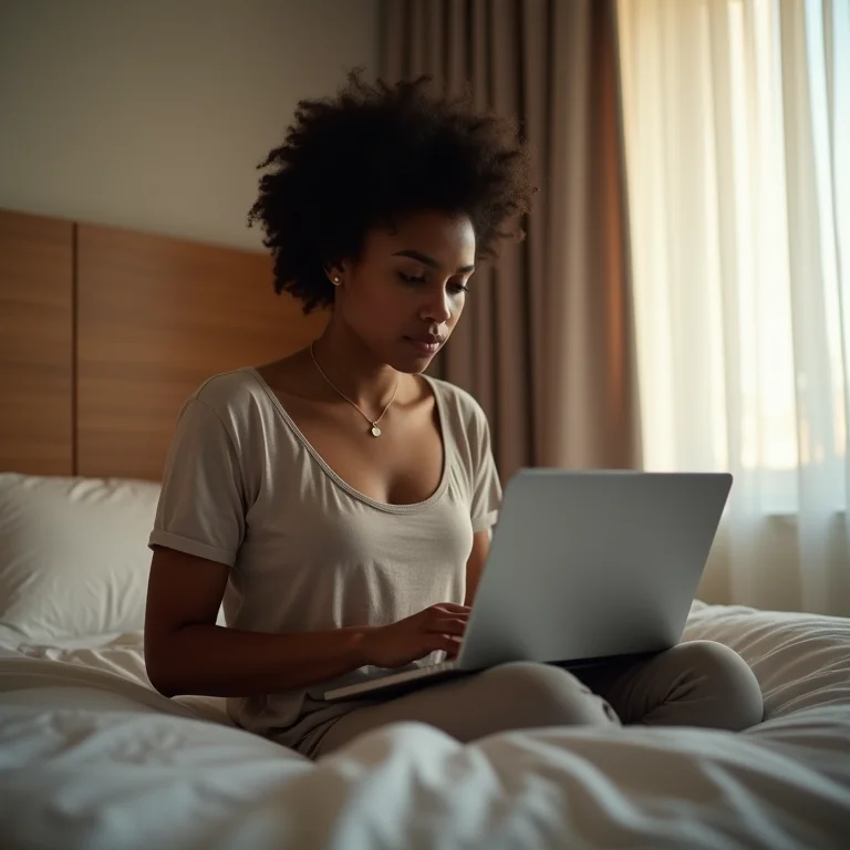 Latina pesquisando hospedagem econômica no laptop