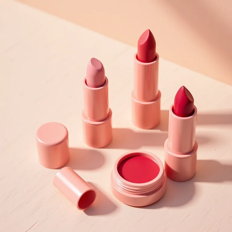 Lip balms e batons coloridos dispostos em uma superfície texturizada com luz natural suave.