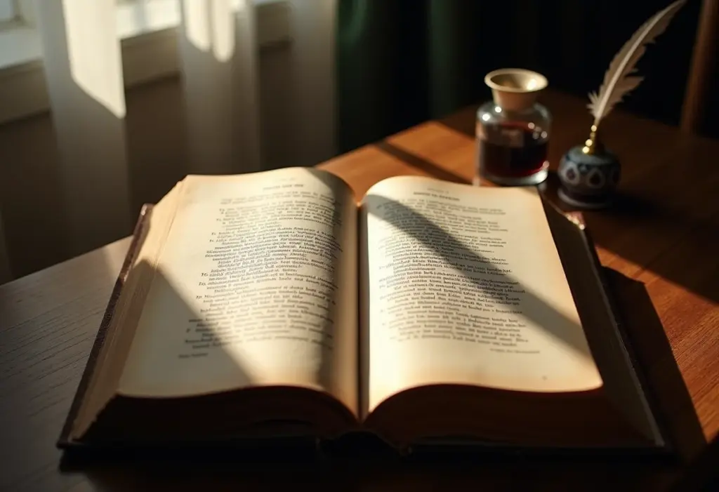 Shakespeare: a vida do gênio e suas peças mais importantes Livro antigo aberto com sonetos de Shakespeare, pena e tinteiro ao lado