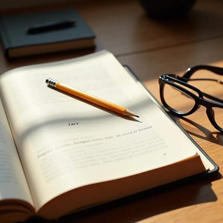 Livro de peças de teatro aberto em uma mesa de madeira com acessórios de leitura.