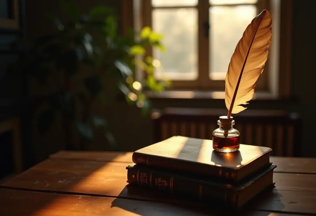 Livros antigos e pena de tinta em mesa de madeira, representando a poesia de Fernando Pessoa