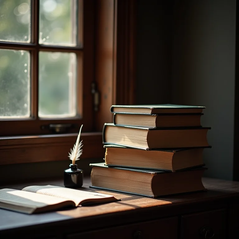 Livros antigos empilhados em uma escrivaninha de madeira, com pena e tinteiro.