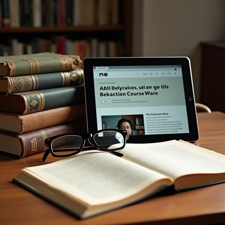 Livros antigos, óculos e tablet mostrando o site do MIT