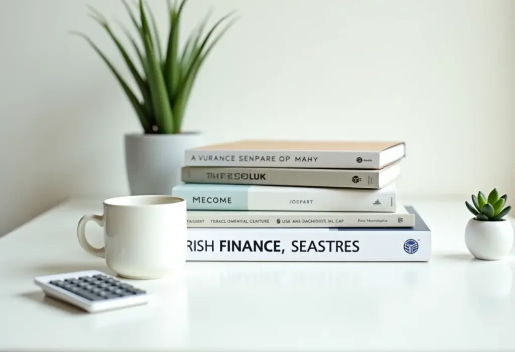 Livros de educação financeira dispostos em uma mesa minimalista