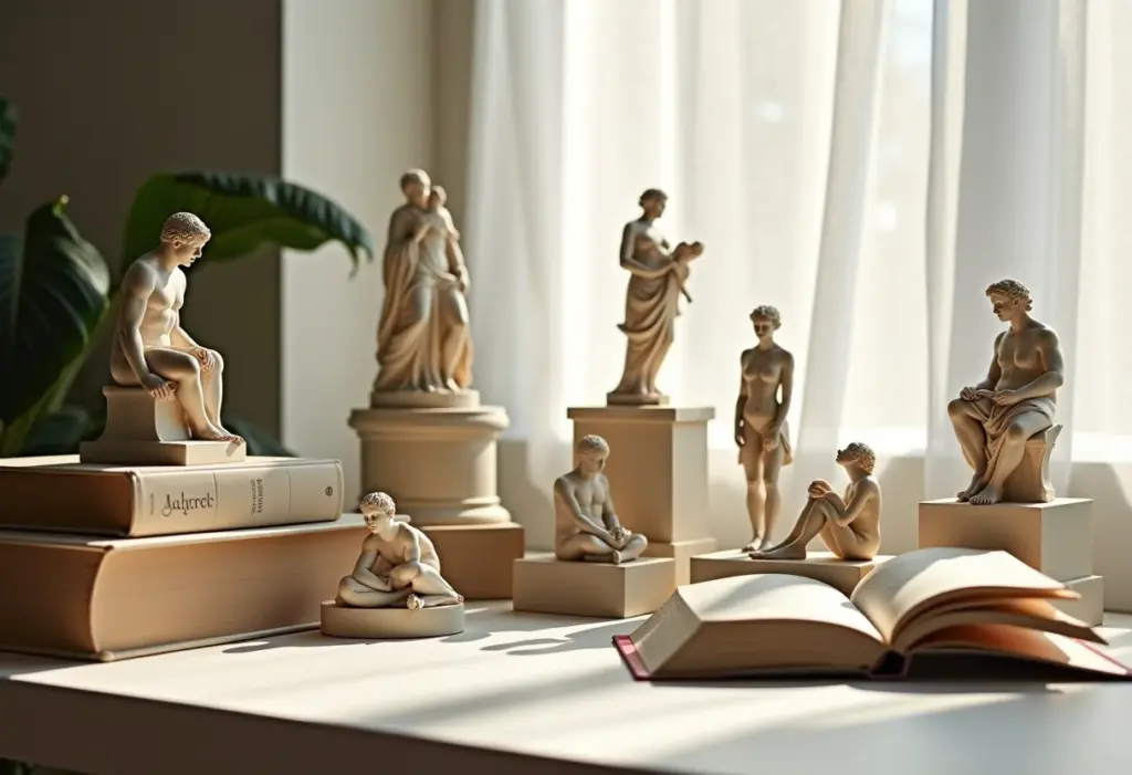 Livros de história da arte e miniaturas de esculturas icônicas.