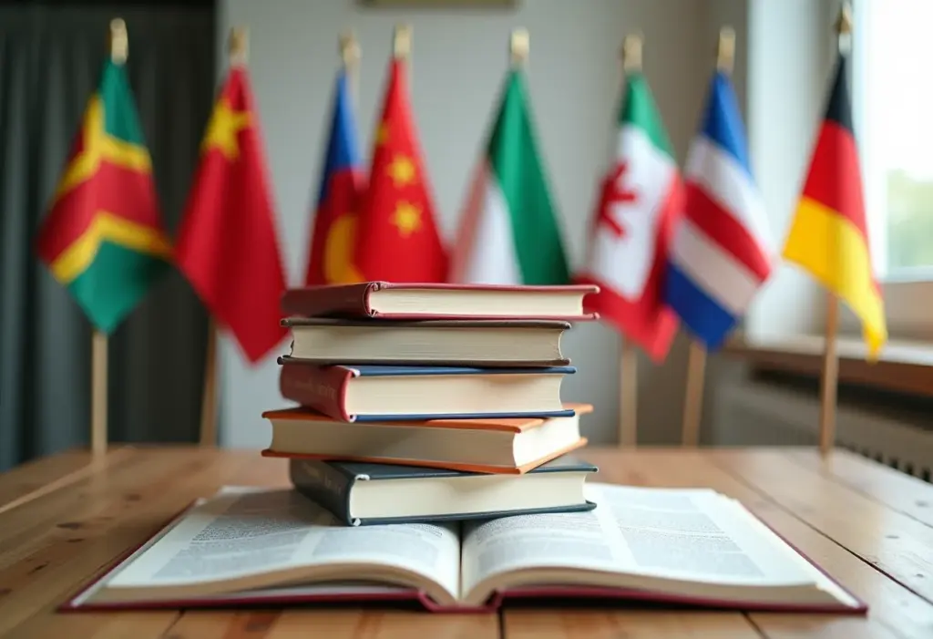 Idiomas no currículo: o que colocar para impressionar? Livros de idiomas e bandeiras de países representando a importância de idiomas no currículo
