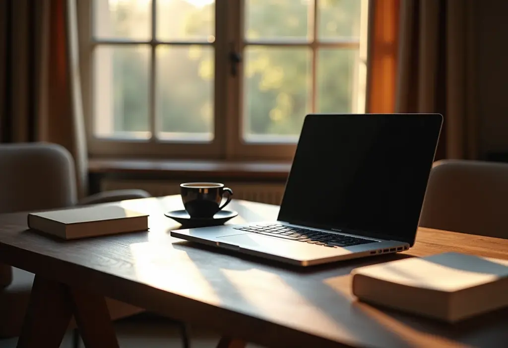 Mindset Milionário: Os livros que mudaram minha conta bancária Livros e laptop em uma mesa elegante, representando um mindset milionário